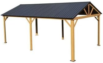 12x20ft Hardtop Gazebo, Galvanized Steel Gable Roof Gazebo Pergola with Wood Grain Aluminum Frame, Outdoor Permanent Gazebo Pavilion for Patio, Garden (Yellow Brown)