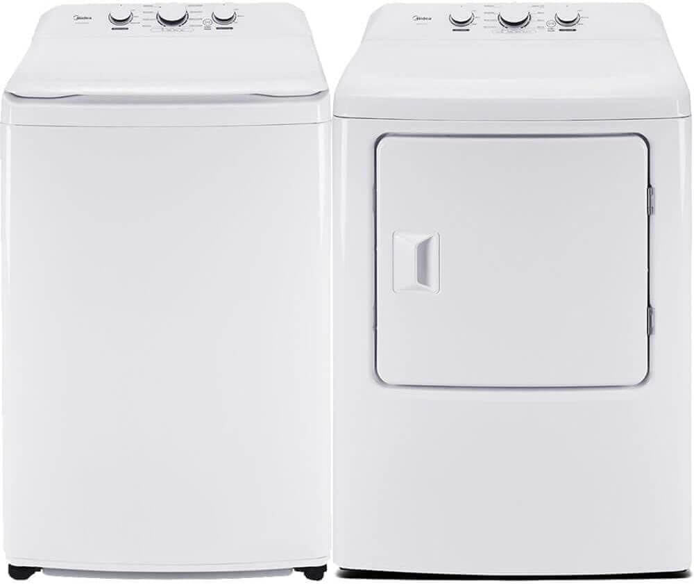 Midea White Top Load Washer and Dryer Pair 3.9 Cu Ft High Efficiency Washer and 6.7 Cu Ft Electric Dryer Bundle with 8 Cycles 4 Temperature Settings Dryer Vent Power Cable and 12 Month CPS Plan