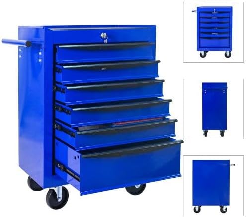 LuckyNote Rolling Metal Tool Chest with 6 Drawers, 20' 6-Drawer Tool Chest Cabinet with Ball Bearing Drawer Slides, Steel Tool Storage Box Organizer -Black&Blue