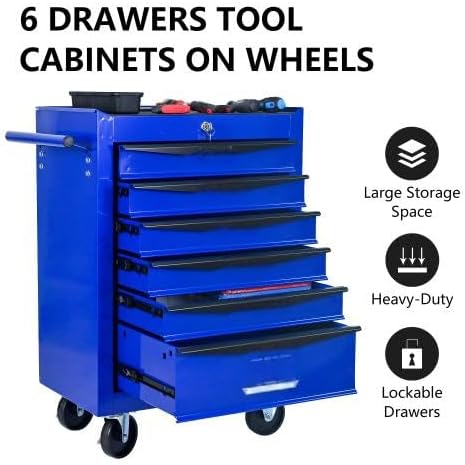 LuckyNote Rolling Metal Tool Chest with 6 Drawers, 20' 6-Drawer Tool Chest Cabinet with Ball Bearing Drawer Slides, Steel Tool Storage Box Organizer -Black&Blue