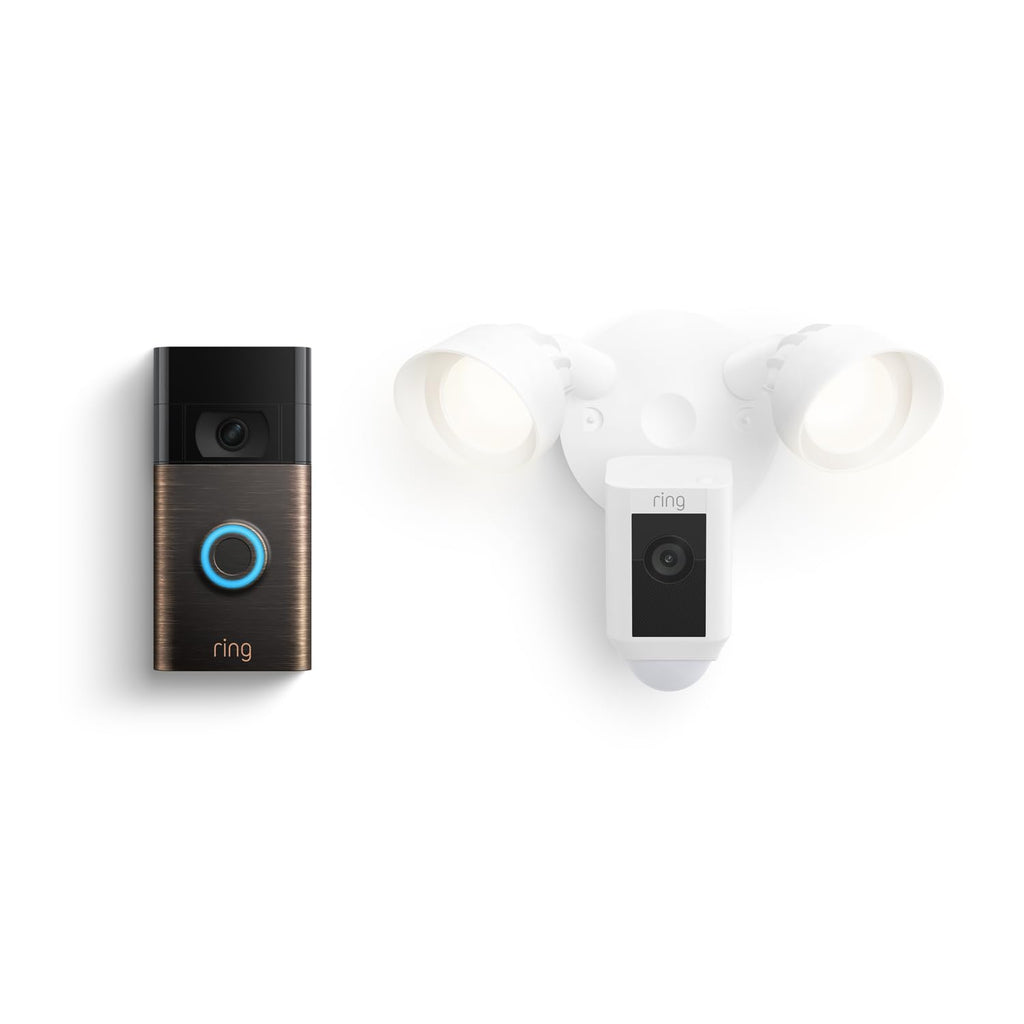 Ring Floodlight Cam Wired Plus, White with Ring Video Doorbell, Venetian Bronze