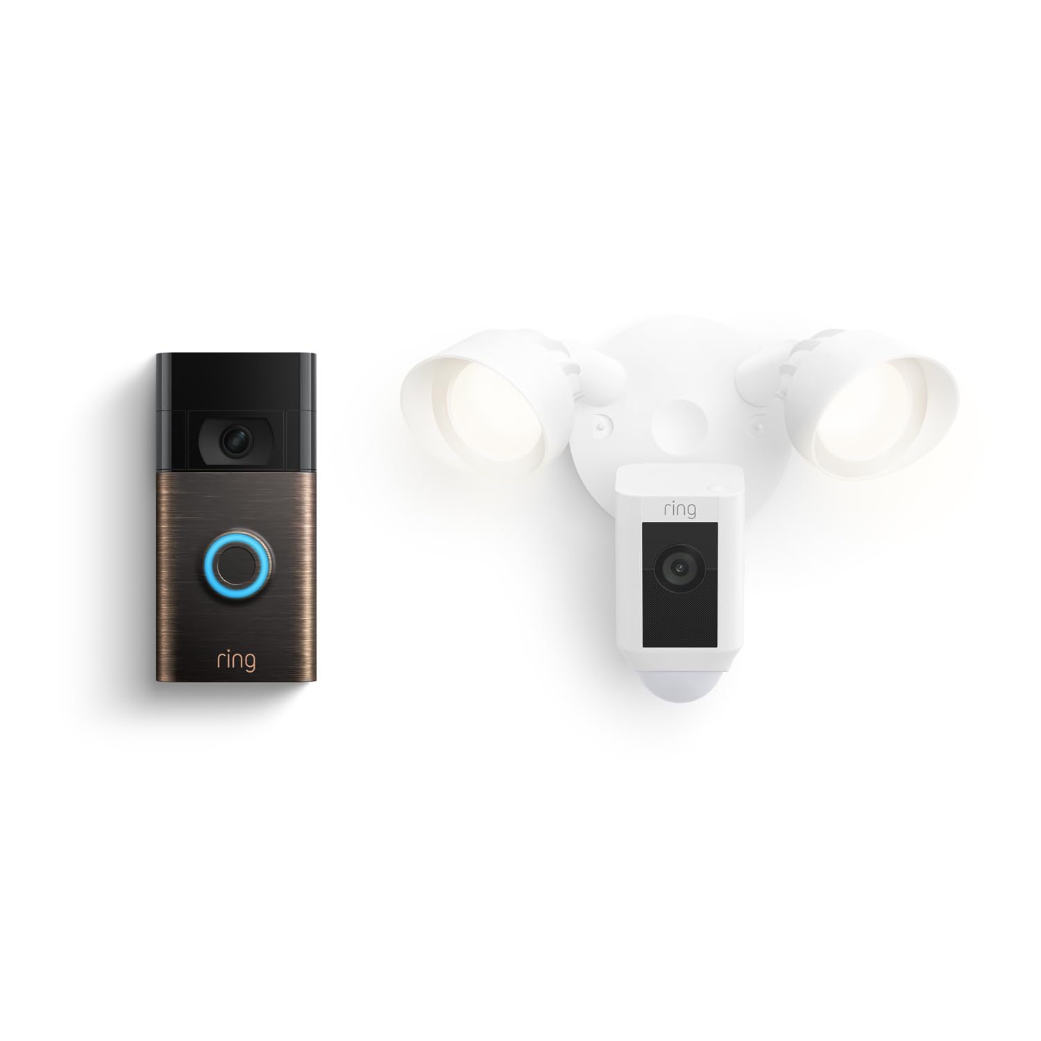 Ring Floodlight Cam Wired Plus, White with Ring Video Doorbell, Venetian Bronze