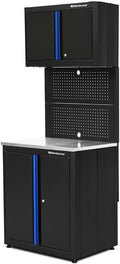 Montezuma Garage Tool Storage System - 3Piece Combo Workbench with Locking Cabinet & Stainless Steel Worktop - BW-B
