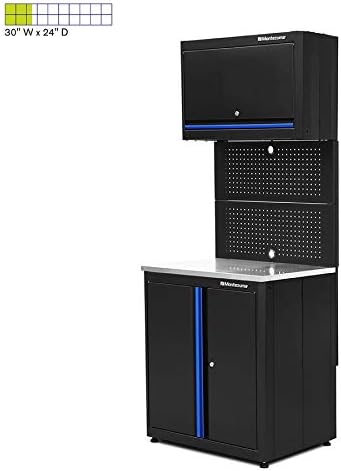 Montezuma Garage Tool Storage System - 3Piece Combo Workbench with Locking Cabinet & Stainless Steel Worktop - BW-A