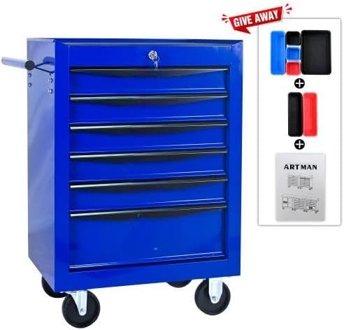 LuckyNote Rolling Metal Tool Chest with 6 Drawers, 20' 6-Drawer Tool Chest Cabinet with Ball Bearing Drawer Slides, Steel Tool Storage Box Organizer -Black&Blue