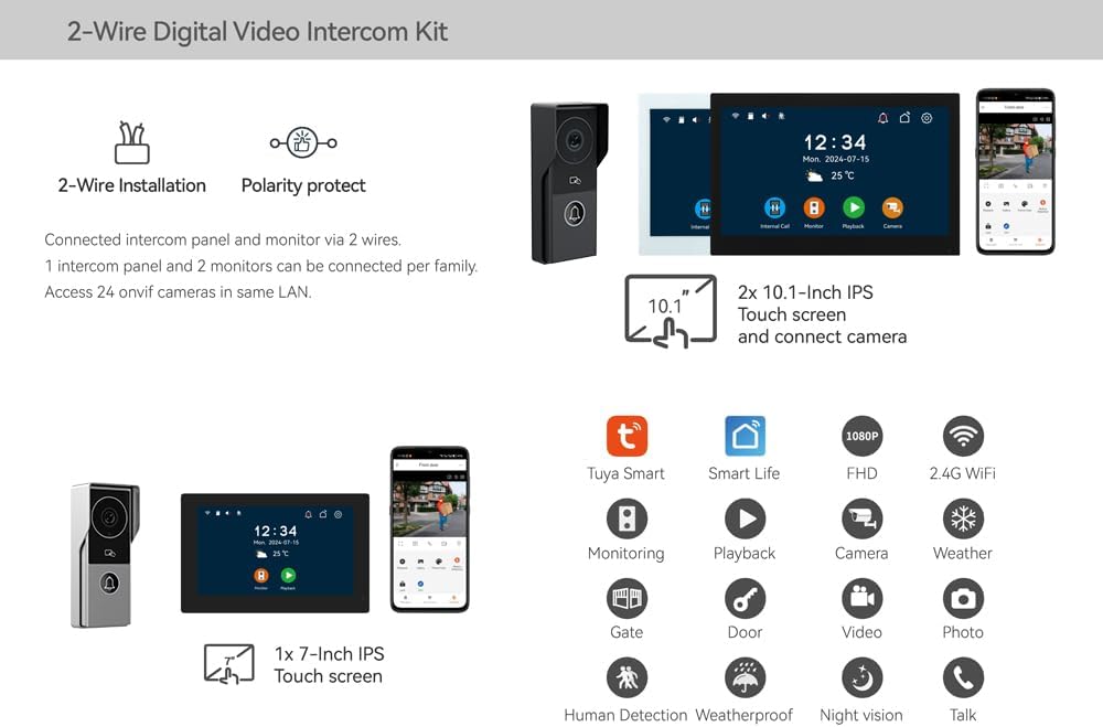 2pin-Wired 2MP HD Indoor 10' WiFi Monitor Smart Home Video Doorbell Intercom System, Remote APP Phone Unlock Video Record Motion Detect 2-Way Talk IR Camera Door Bell 1x doorbell + 1x 10in Monitor