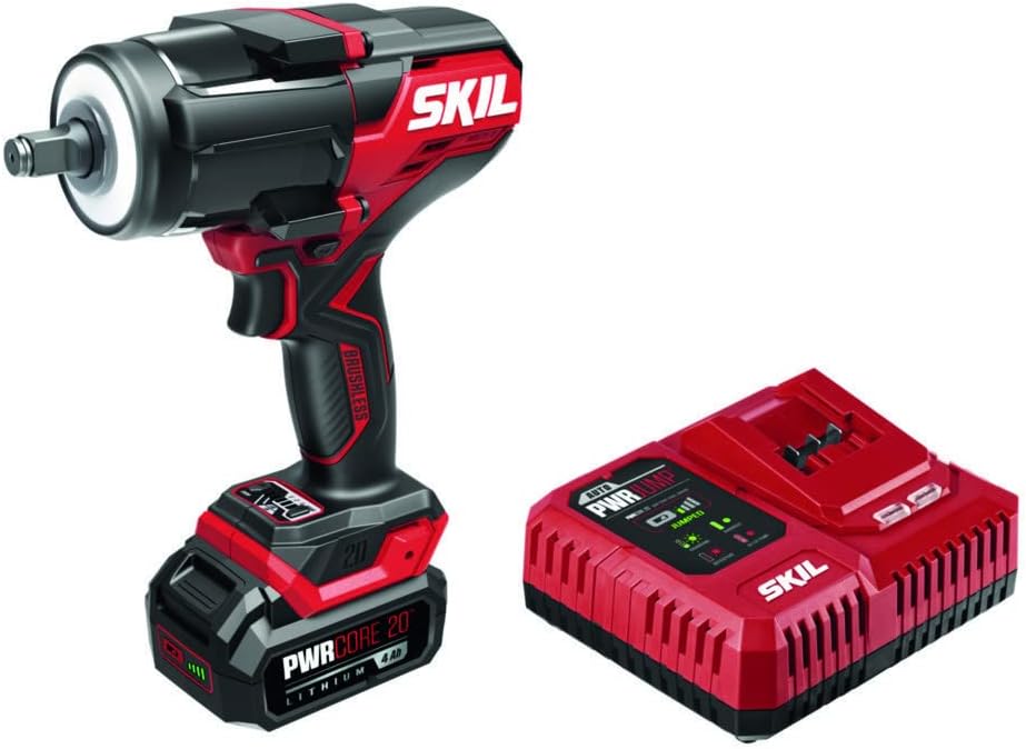 SKIL PWR CORE 20 Brushless 20V 1/2-Inch Mid-Torque Impact Wrench Kit, Includes 4.0 Ah Battery and Auto PWRJump Charger- IW5761B-10