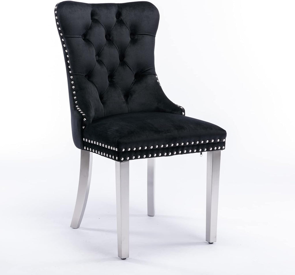 Ball & Cast Contemporary Upholstered Dining Chairs Set of 2, Velvet Button Tufted Kitchen Side-Chairs with Hang Ring & Nailhead Trims & Chrome Solid Wood Legs, 2-Piece Traditional Chair, Chrome+Black