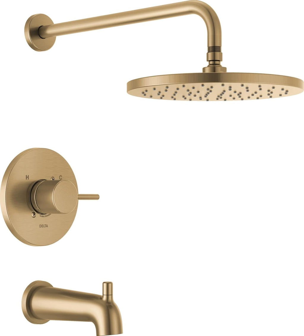 Delta Modern 14 Series Round Rain Bathtub and Shower Faucet Set, Rainfall Brushed Gold Shower Head and Handle Set, Valve Trim Kit, 10 Inch, Champagne Bronze T14469-CZ-PP (Valve Not Included)