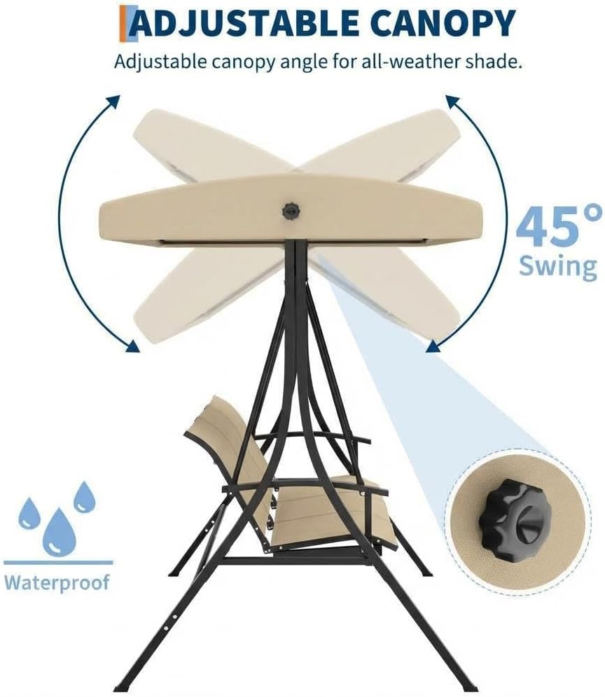 GarveeLife 3-Seat Patio Swing Chair, Outdoor Porch Hanging Chairs with Adjustable Canopy and Armrests, Breathable Textilene Fabric Seat & Backrest, Swing Bench for Garden, Poolside, Backyard, Beige
