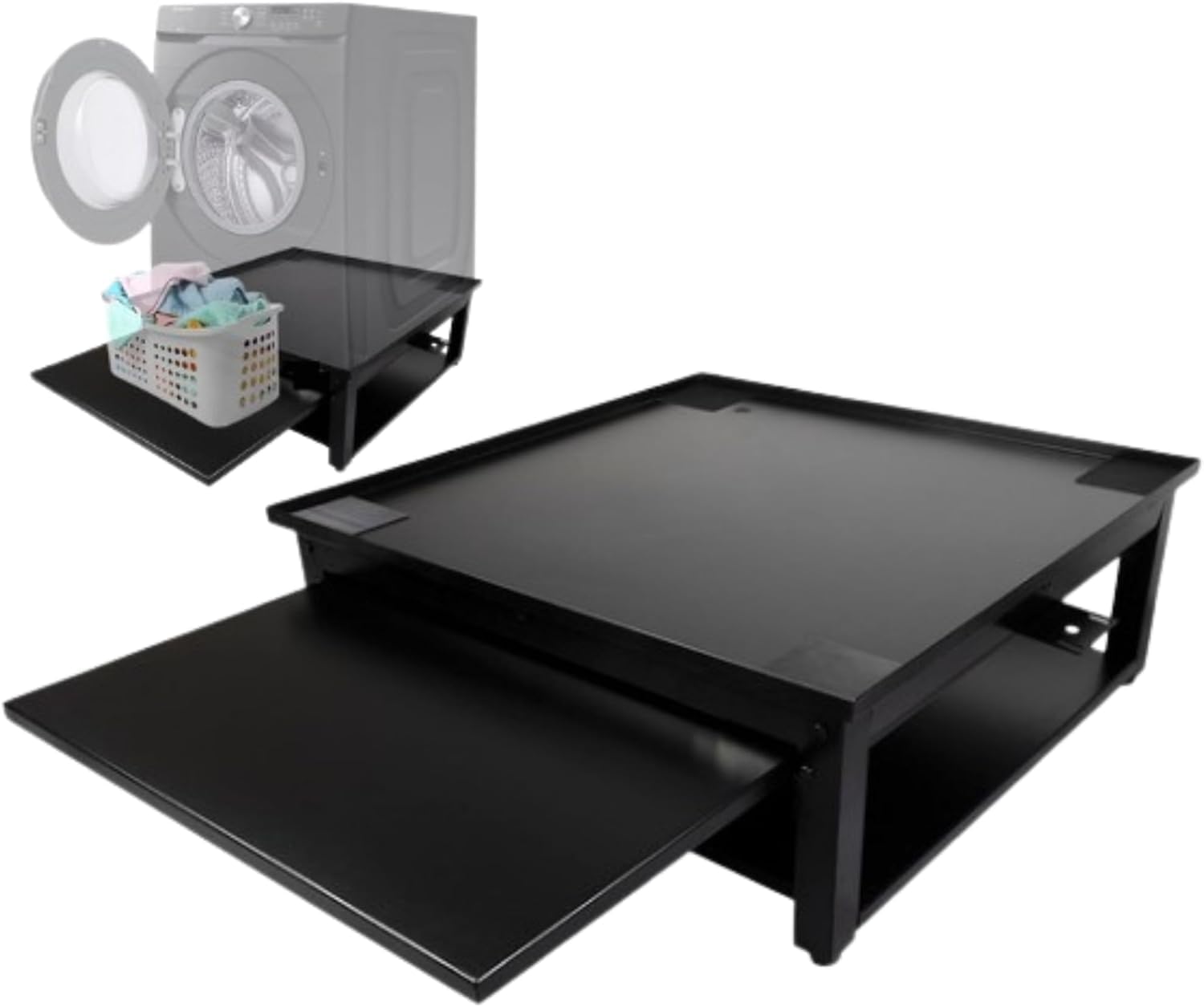 Washer and Dryer Pedestal with Pullout-Shelf - 24' W, 10' H, Black Steel Universal Fit with Major Brands | Laundry Pedestal with Drain Pan & Hose | Washer Stand for Back Pain Relief, 800 lbs Capacity
