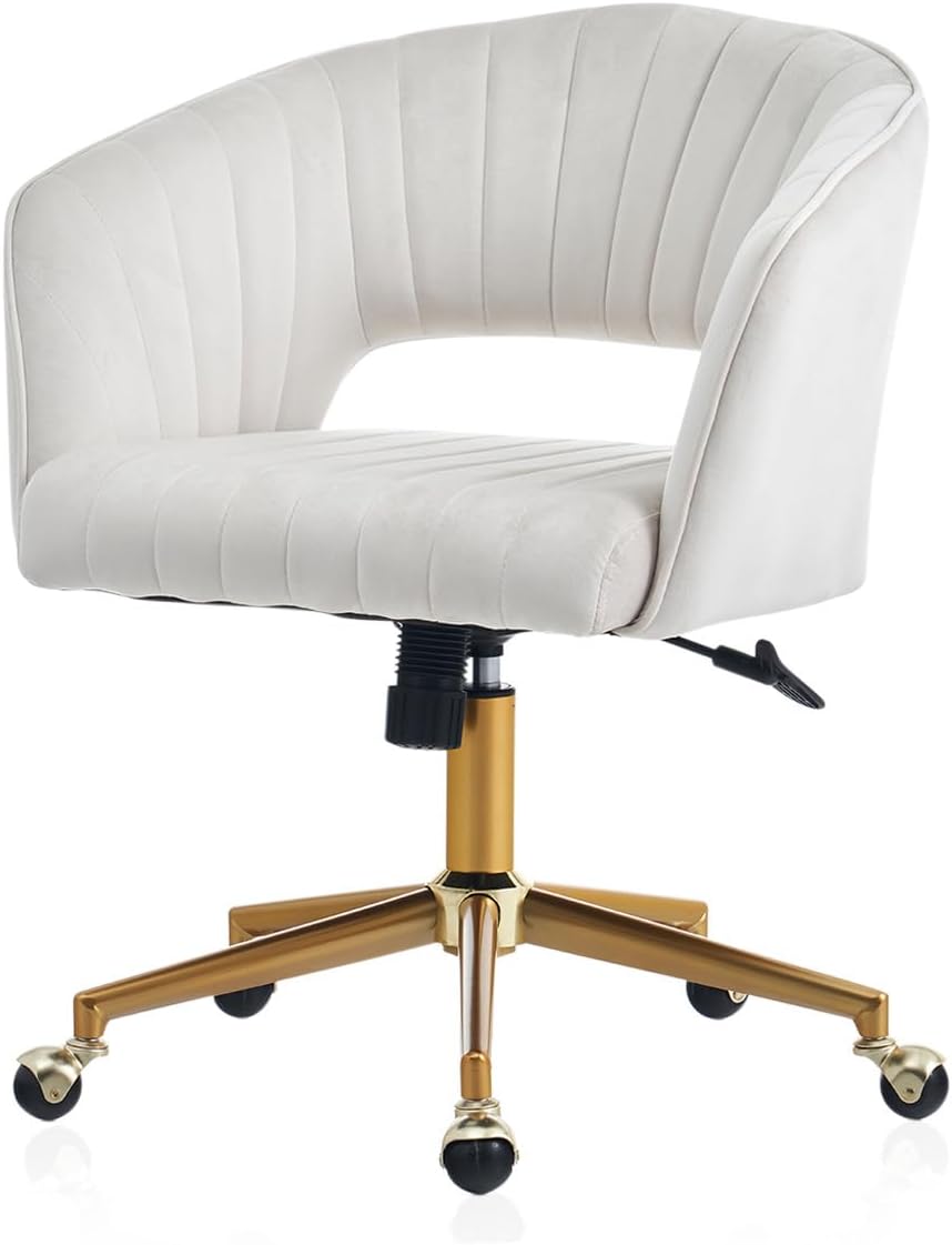 Eifizek Velvet Office Desk Chair, Modern Home Desk Chair with Wheels & Gold Base, Swivel Vanity Chair for Bedroom, Office, Vanity Study (Beige)