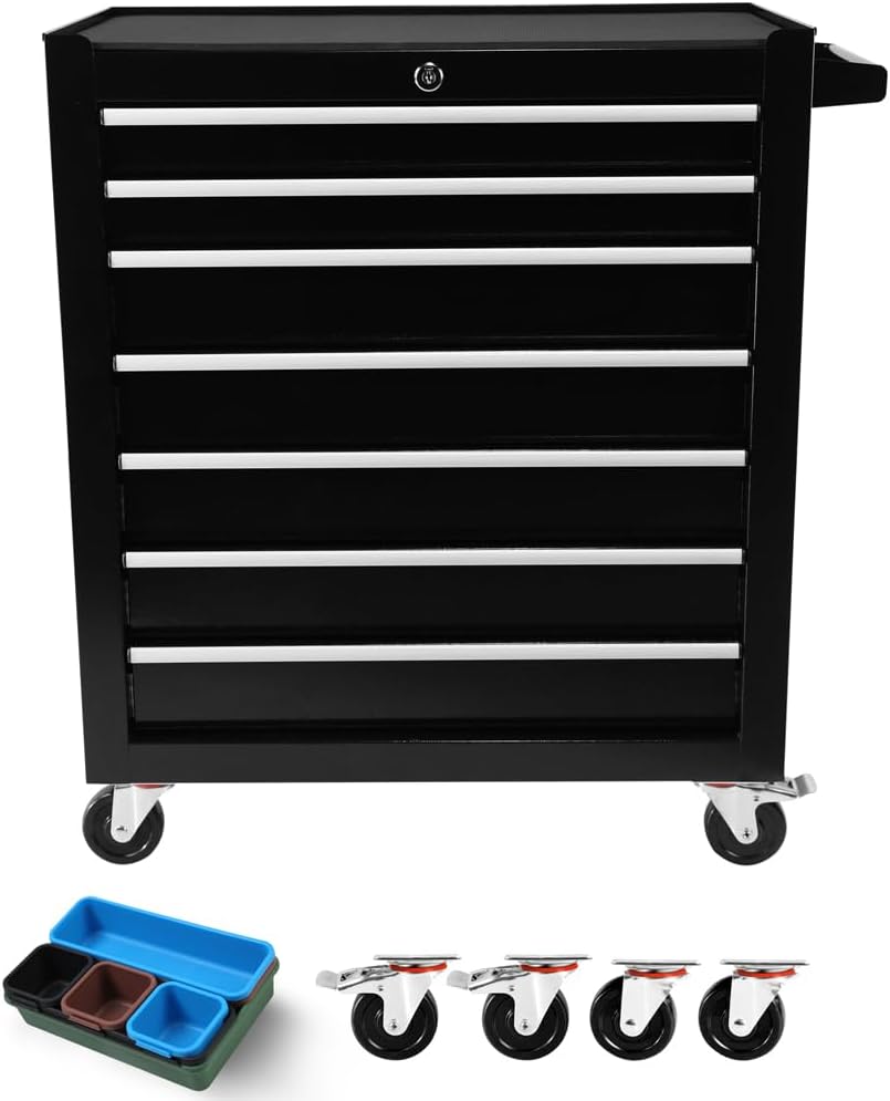 7 Drawer Rolling Tool Cart, Rolling Tool Box on Wheels, Lockable Home Repair Tool Storage Organizer, Tool Chest Cabinet for Mechanic Garage, Workshop, Home Crafts Use (Black, 7 Drawer)