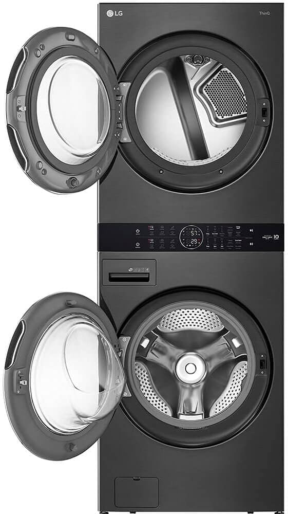LG WashTower Stacked Smart Laundry Center 4.5 Cu.Ft. Front Load Washer & 7.4 Cu.Ft. Electric Dryer in Black Steel w/Steam WKEX200HBA