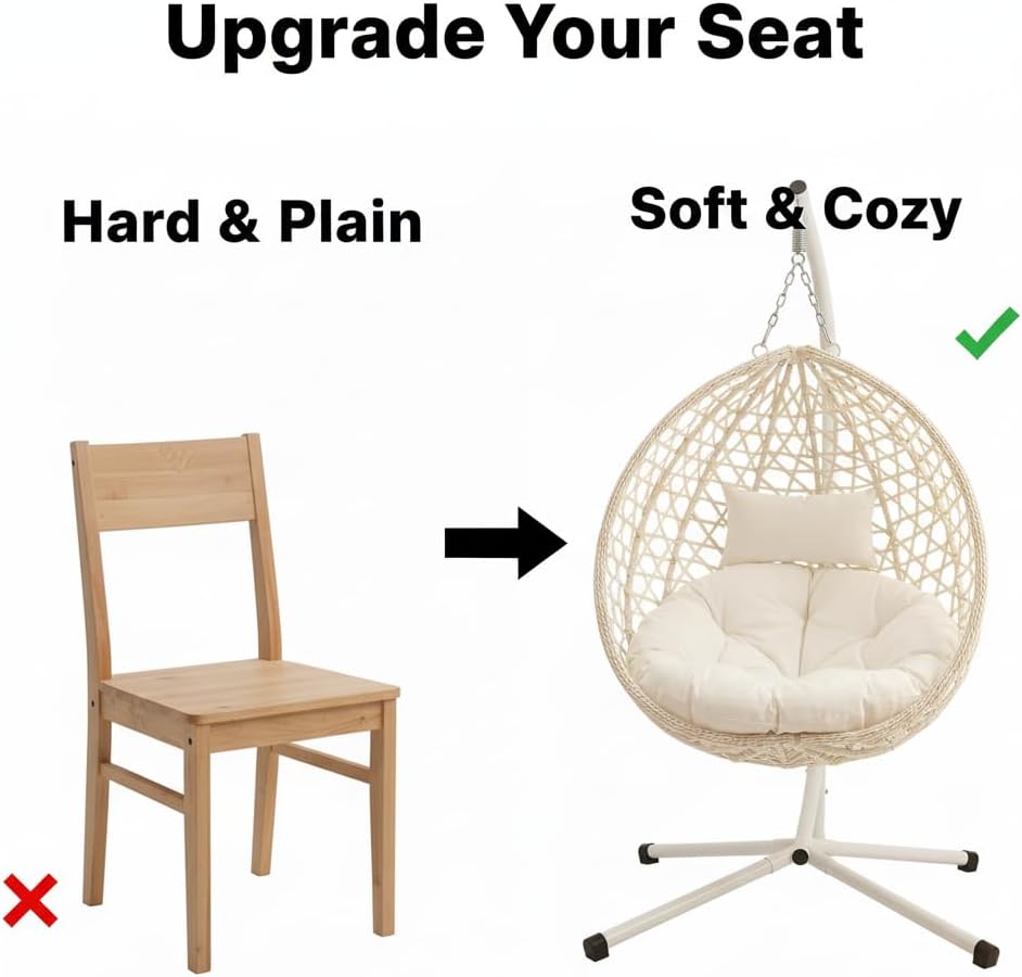RUN.SE Hanging Egg Chair with Stand, Outdoor Indoor Egg Swing Chair with Cushion Headrest for Patio, Porch, Balcony, Bedroom, 350LBS Capacity (White)