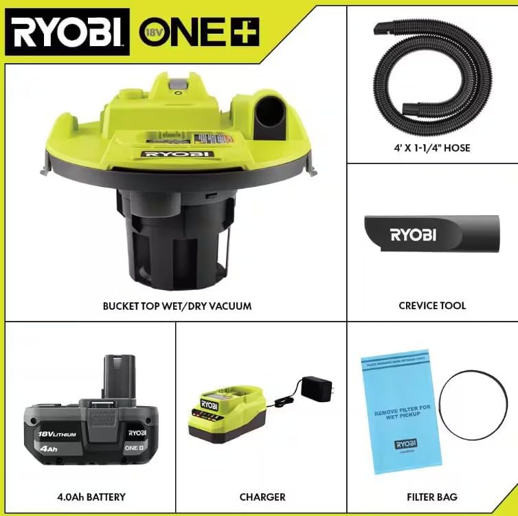 RYOBI ONE+ 18V Cordless 5 Gal. Wet/Dry Vacuum Kit with 1-1/4 in. Hose, Crevice Tool, 4.0 Ah Battery, and Charger