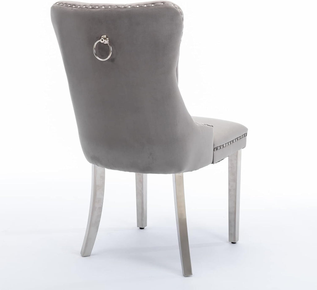 Ball & Cast Contemporary Upholstered Dining Chairs Set of 2, Velvet Button Tufted Kitchen Side-Chairs with Hang Ring & Nailhead Trims & Chrome Solid Wood Legs, 2-Piece Traditional Chair, Chrome+Gray