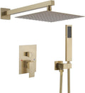 BWE Brushed Gold Shower Faucets Sets 10 Inch Square Bathroom Luxury Rain Shower Head with Handheld Spray Wall Mounted Shower System Rough-in Valve and Trim Included