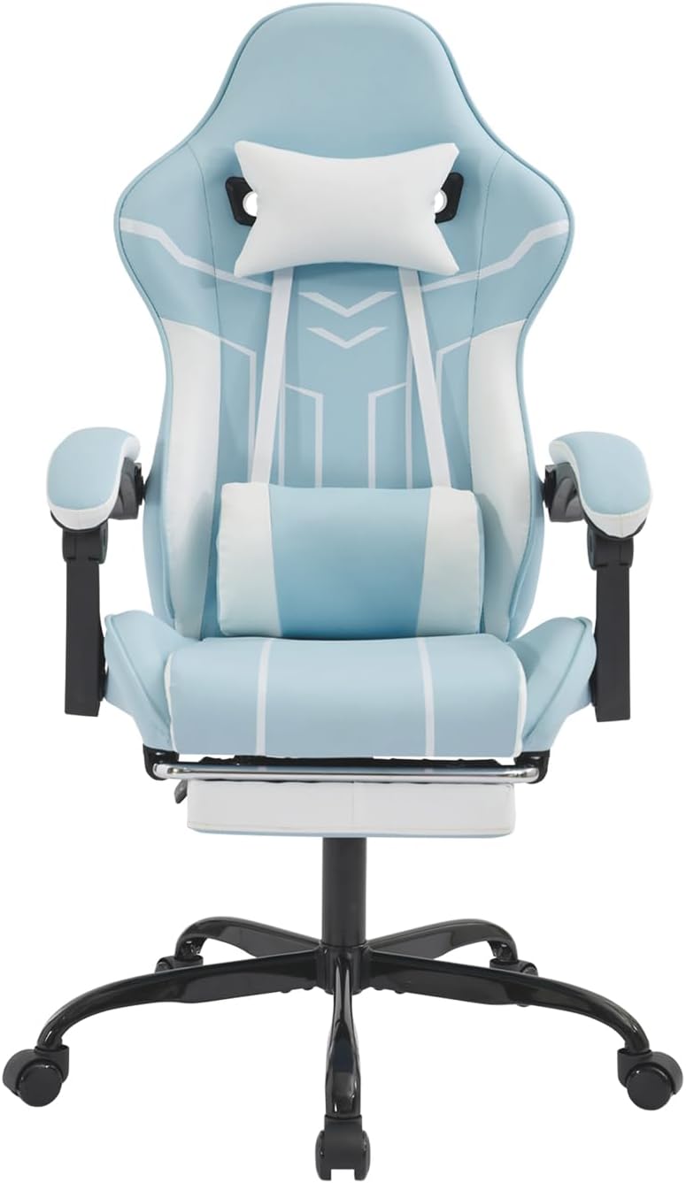 Gaming Chair with Massage and Footrest, Ergonomic High Back PC Racing Chair, 300LBS Capacity with Adjustable Lumbar Support & Headrest for Office and Desk (Model D, Blue+White)