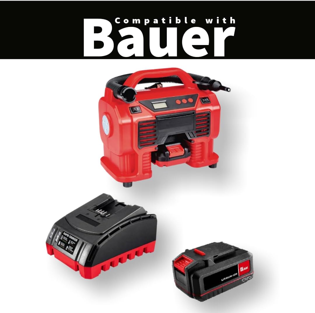 NEW! 20-Volt Lithium-Ion Cordless Combo Kit (Complete Power Tool Bundle) with 20V Cordless 0-160 PSI Inflator/Deflator with 12V DC Power Option, 5Ah Battery & Rapid Charger - Fits All BAUER 20V Tools