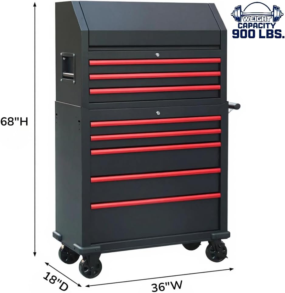 Industrial Grade 8-Drawer Tool Chest and Cabinet Combo, Rolling Casters, Black with Red Accents, 18' D x 36' W x 68' H.Perfect Addition to Any Work Area or Garage.
