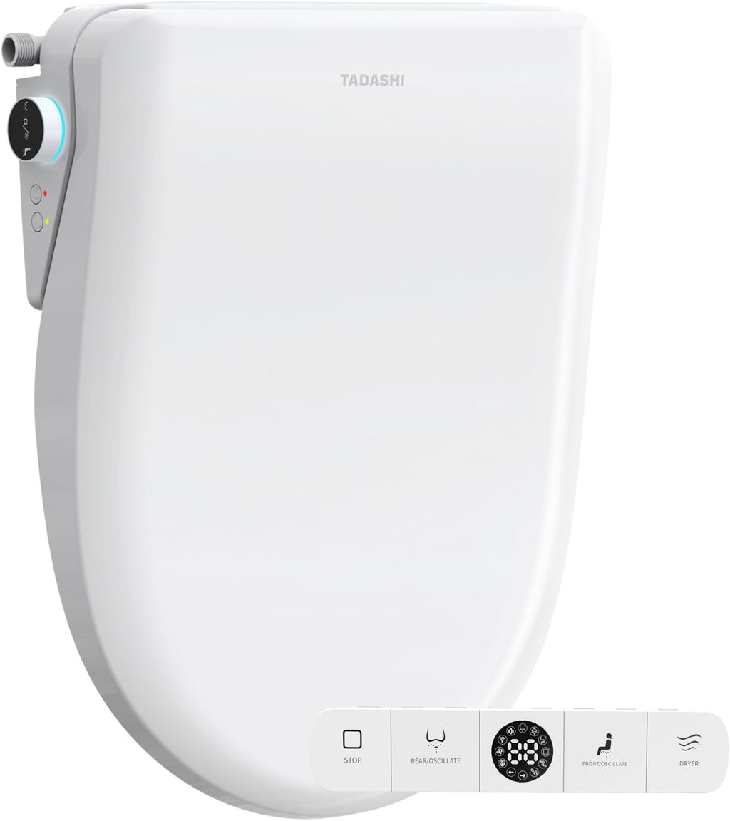 Tadashi Bidet Toilet Seat Elongated, Heated Toilet Seat, Instant Warm Water & Dryer, Feminine & Rear Wash, Self-Clean Nozzle, Slow Close Lid, Child/ECO/Silent Mode