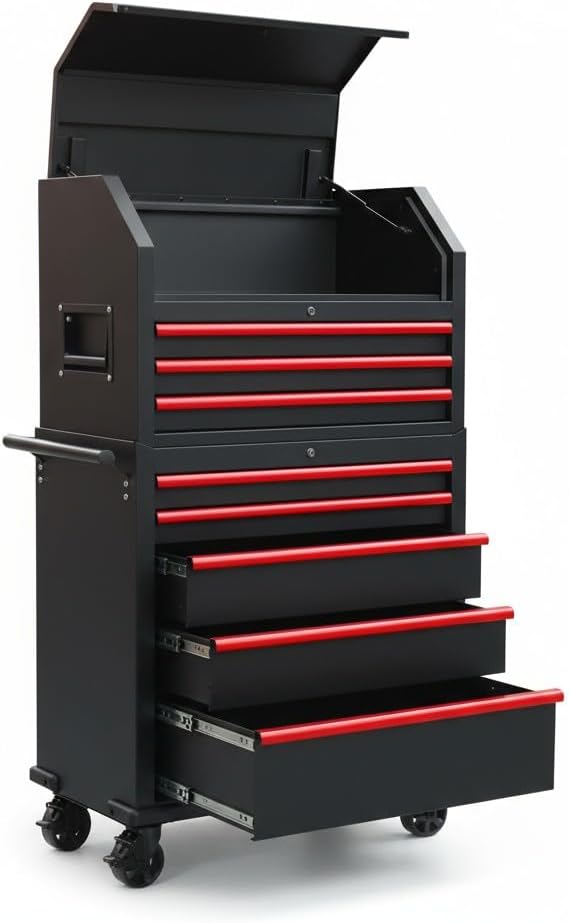 Industrial Grade 8-Drawer Tool Chest and Cabinet Combo, Rolling Casters, Black with Red Accents, 18' D x 36' W x 68' H.Perfect Addition to Any Work Area or Garage.