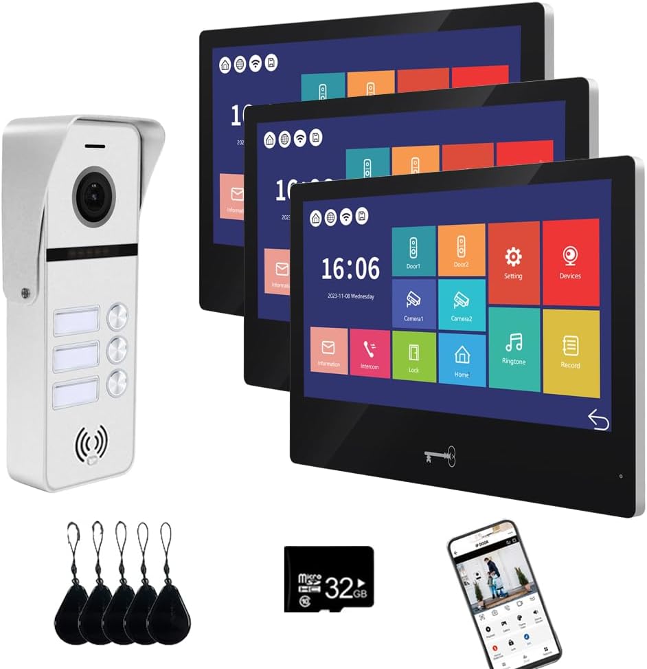 Wired Video Doorbell Apartment Intercom System 3 Units 10 Inches Touch Monitor Wireless WiFi 1080P Camera Phone Kit,Support Monitoring,Unlock for Home Villa (1 White doorbell+3 Black Monitor)