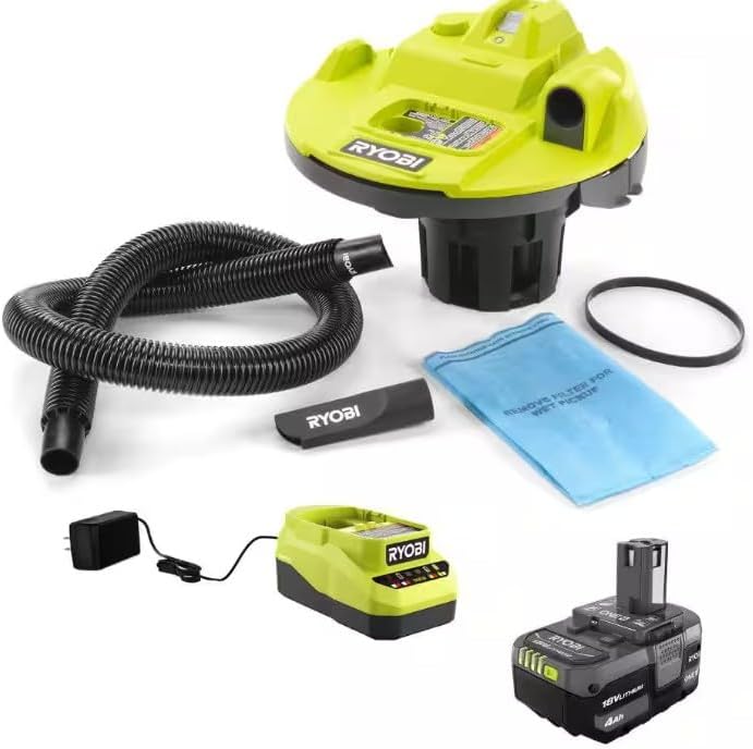RYOBI ONE+ 18V Cordless 5 Gal. Wet/Dry Vacuum Kit with 1-1/4 in. Hose, Crevice Tool, 4.0 Ah Battery, and Charger