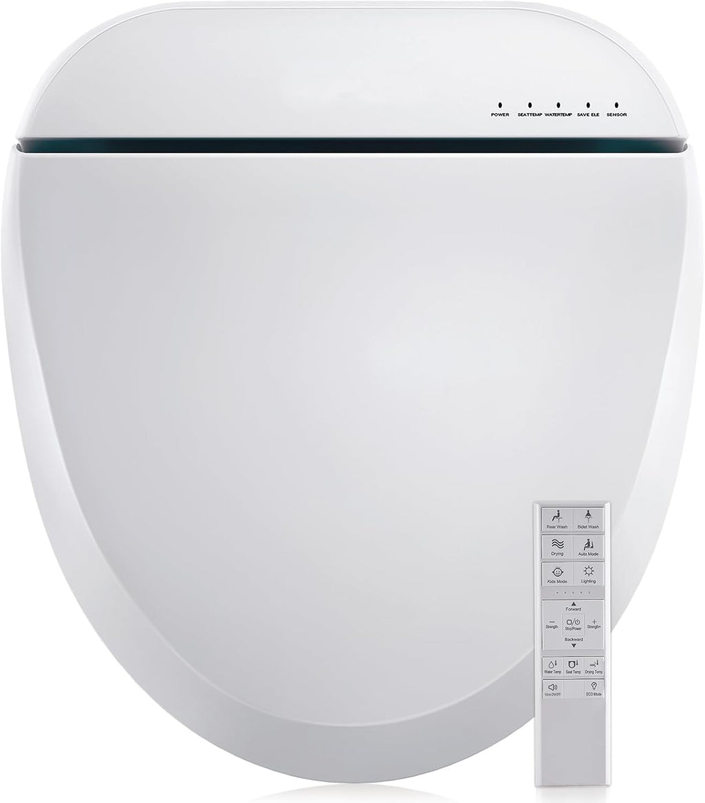 Bidet Toilet Seat 102DS-W, Round, Electronic Heated Seat with Unlimited Warm Water for Home Bathroom, Remote Control, Turbo Wash & Dryer, Night Light, Easy Install - Perfect for Family Use