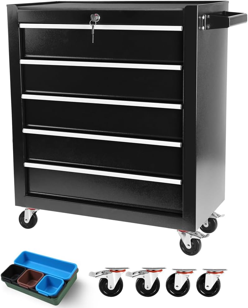 Black 5 Drawer Rolling Tool Cart - Lockable Home Repair Tool Storage Organizer with Wheels for Mechanic Garage, Workshop & Home Crafts Use