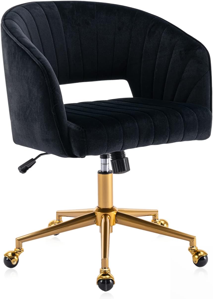 Eifizek Velvet Office Desk Chair, Modern Adjustable Home Desk Chair with Wheels, Swivel Vanity Chair for Bedroom, Office, Vanity Study (Black)