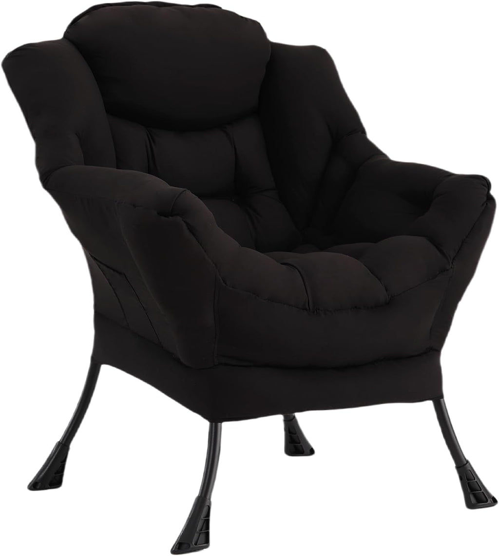 Welnow Black Single Lazy Chair for Living Room, Modern Reading Accent Chair with Armrests and a Side Pocket, Leisure Lazy Sofa Chair for Small Space, Bedroom, Dorm