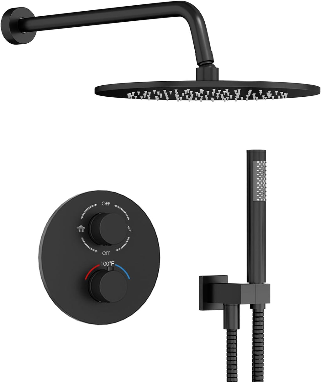 Gabrylly Thermostatic Shower Faucet Set, All Metal Shower System with Anti Scald Shower Valve, High Pressure 10' Rain Shower head with Handheld Spray Combo, Matte Black