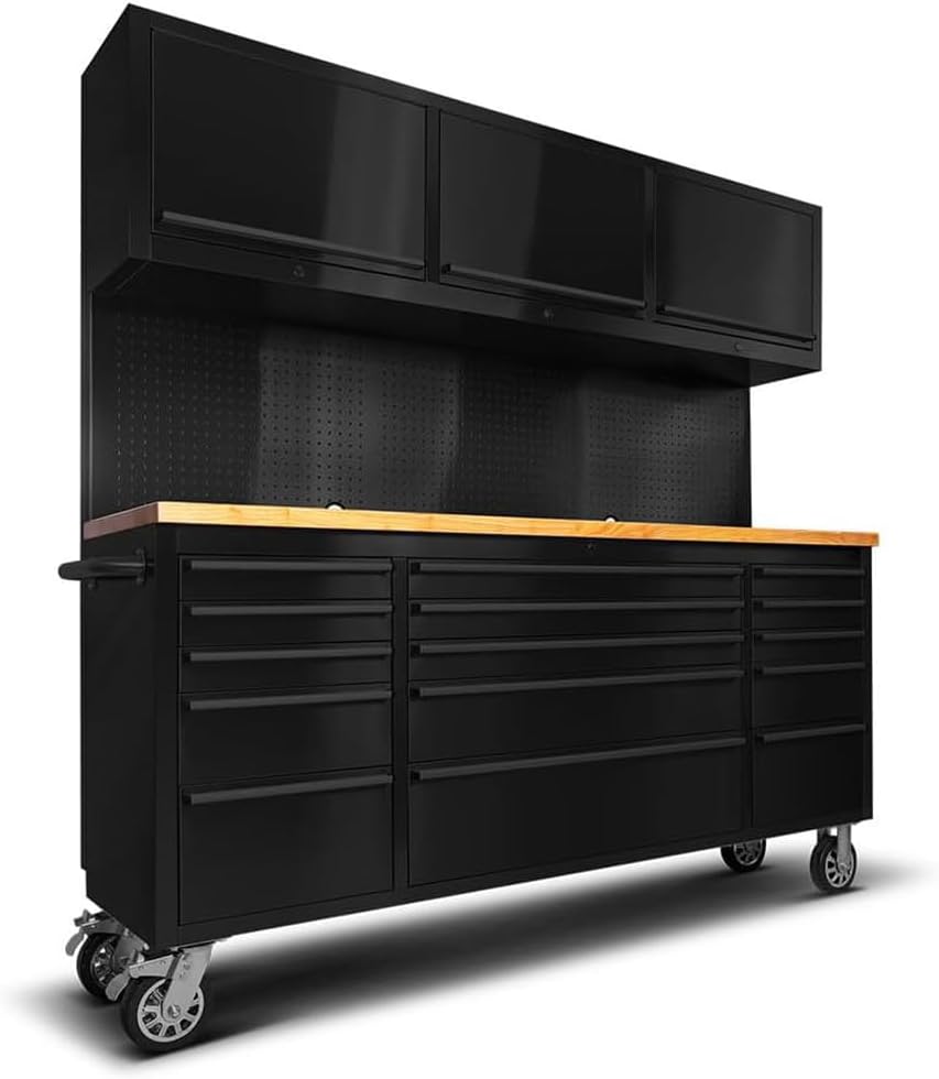 AnorTrek 72 inch 15 Drawers Tool Chest with 3 Up Cabinet & Pegboard, Rolling Tool Cabinet with Drawers (Black)