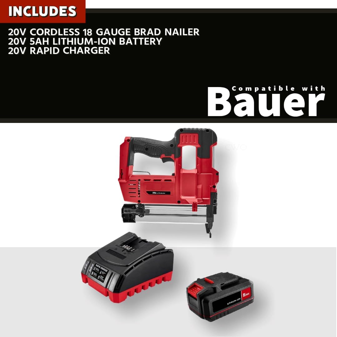 NEW! 20-Volt Lithium-Ion Cordless Combo Kit (Complete Power Tool Bundle) with 20V Cordless 18 Gauge Brad Nailer, 20V 5Ah Lithium Ion Battery & 20V Rapid Charger - Fits All BAUER 20V Tools