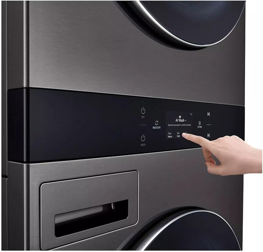 LG WashTower Stacked Smart Laundry Center 5.0 Cu.Ft. Front Load Washer & 7.4 Cu.Ft. Electric Dryer in Black Steel w/Steam