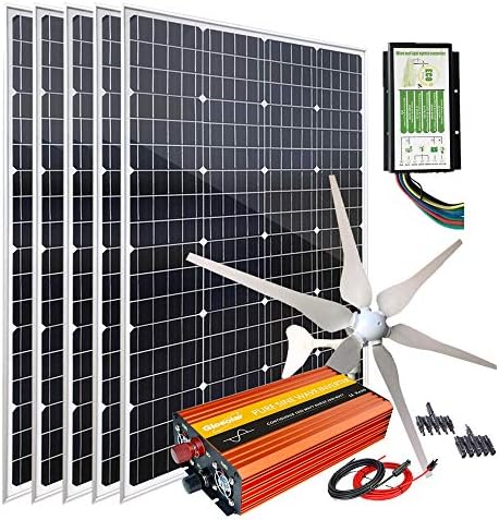 1000W Solar Panel Kit with 400W Wind Turbine, 5x120W Mono Panels, 3000W Inverter & Hybrid Controller for 12V Battery Charging - Ultimate Off-Grid Power Solution