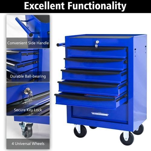 LuckyNote Rolling Metal Tool Chest with 6 Drawers, 20' 6-Drawer Tool Chest Cabinet with Ball Bearing Drawer Slides, Steel Tool Storage Box Organizer -Black&Blue