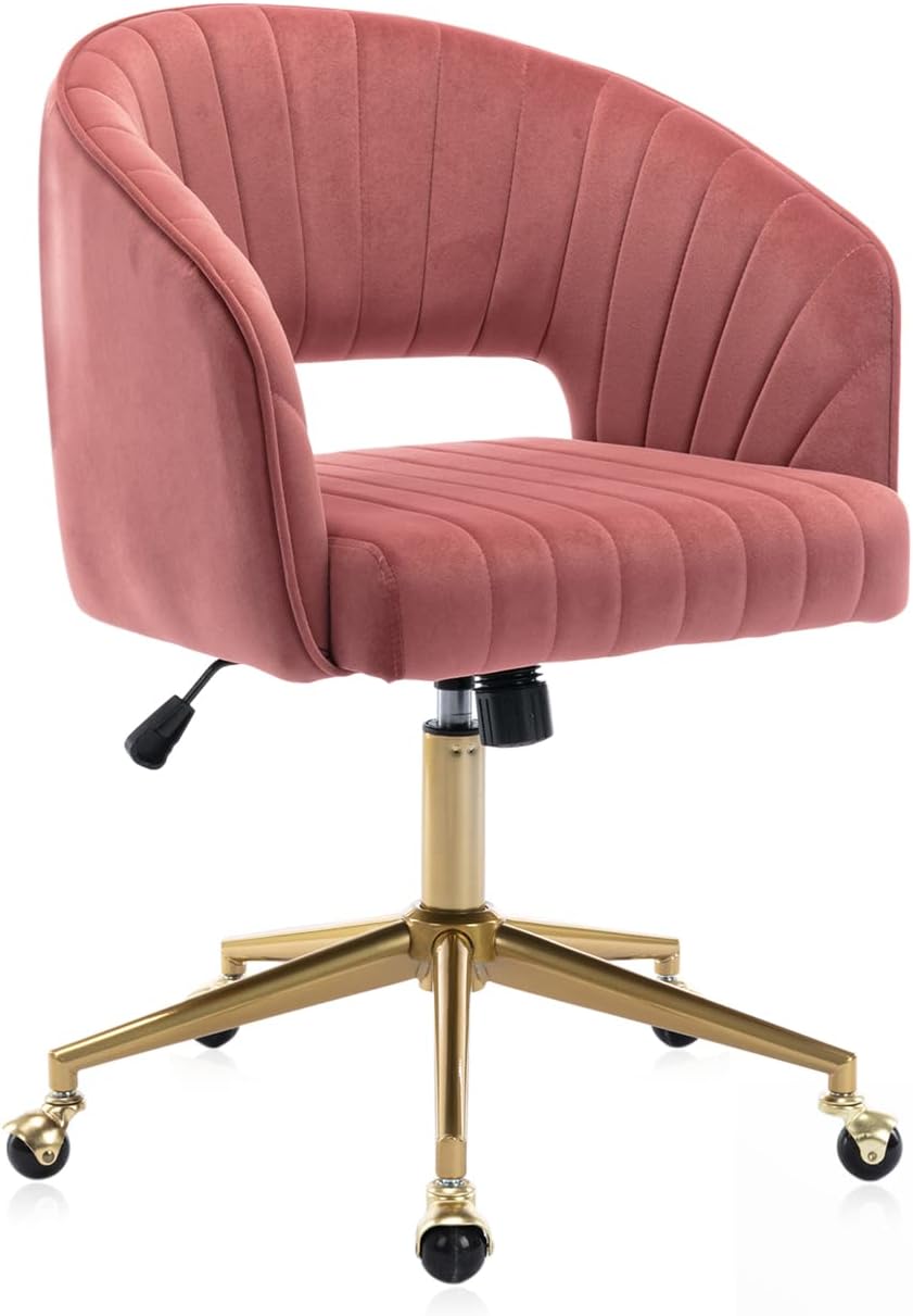 Eifizek Velvet Office Desk Chair, Modern Adjustable Home Desk Chair with Wheels, Swivel Vanity Chair for Bedroom, Office, Vanity Study (Bean Paste Red)
