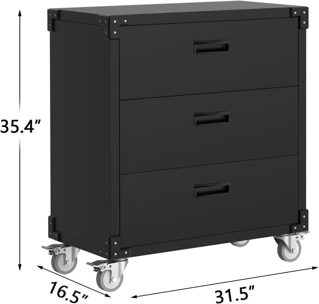 Metal Storage Cabinet with 3 Drawers on Wheels, Heavy Duty Mobile Rolling Tool Cart & Tool Chest, Lockable Utility Cabinet for Garage, Workshop, Home, Office, Warehouse, Black