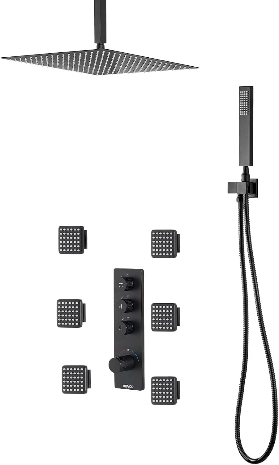 VEVOR Shower Faucet Set, 16 Inch Thermostatic Ceiling Mount Rainfall Shower System with 6 Body Jets and Handheld Spray, Rotatable 3-Function Rain Head Complete Brass Valve and Trim Kit, Matte Black