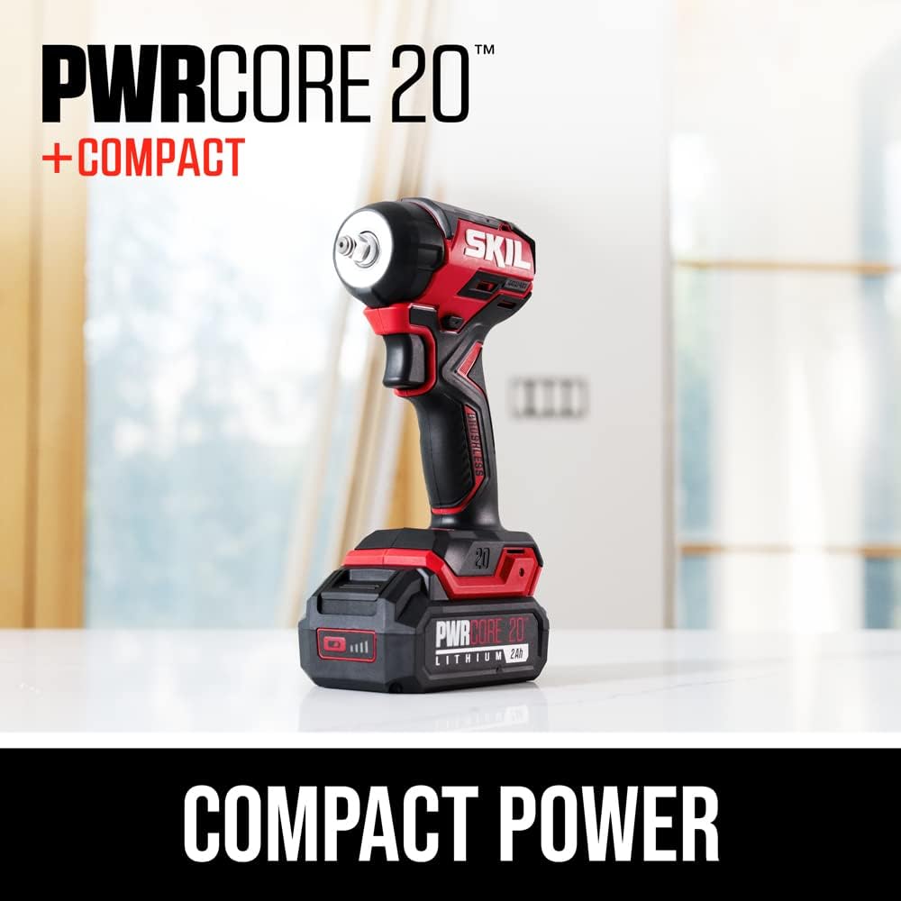 SKIL PWR CORE 20 Brushless 20V 3/8-Inch Compact Impact Wrench Kit with 3-Speed & Halo Light, Includes 2.0Ah Battery and PWR Jump Charger - IW6739B-10