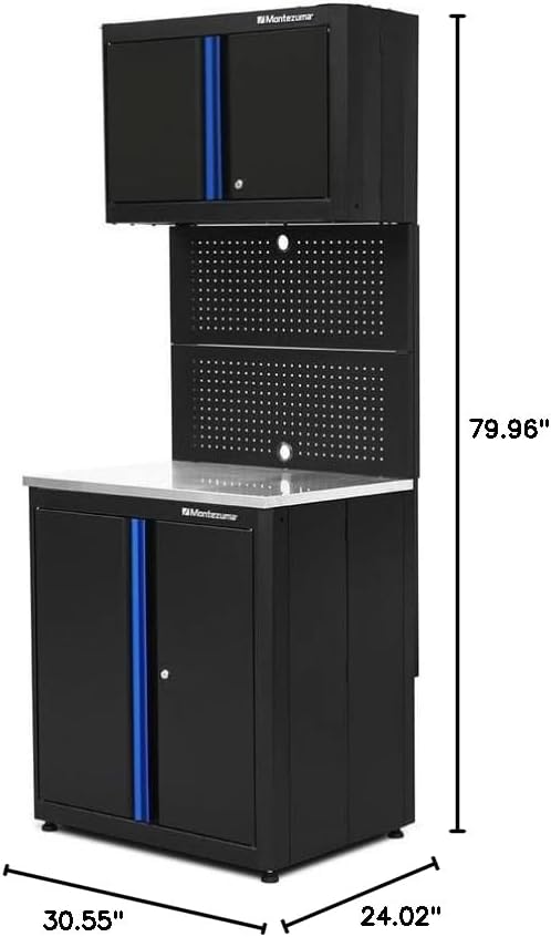 Montezuma Garage Tool Storage System - 3Piece Combo Workbench with Locking Cabinet & Stainless Steel Worktop - BW-B