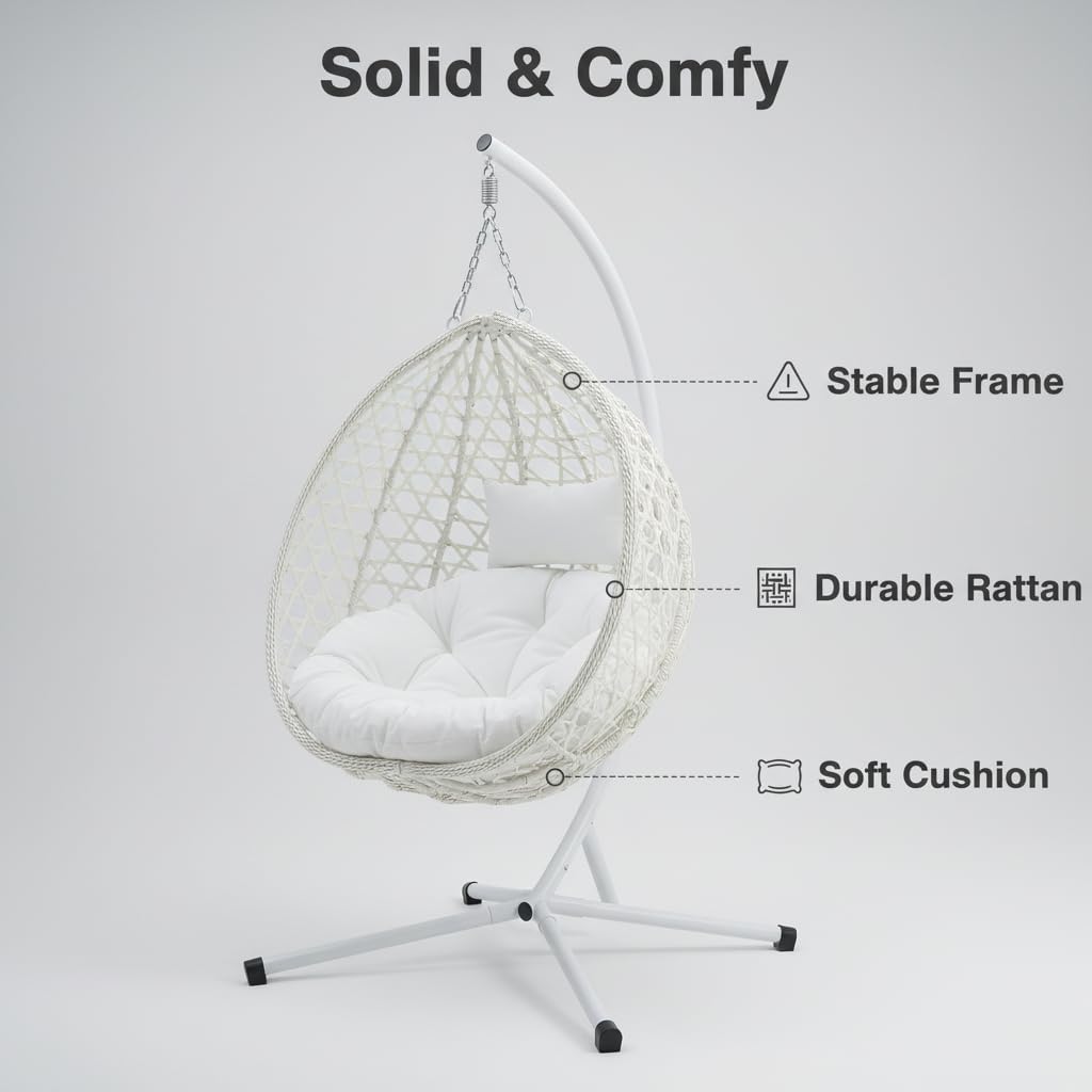 RUN.SE Hanging Egg Chair with Stand, Outdoor Indoor Egg Swing Chair with Cushion Headrest for Patio, Porch, Balcony, Bedroom, 350LBS Capacity (White)
