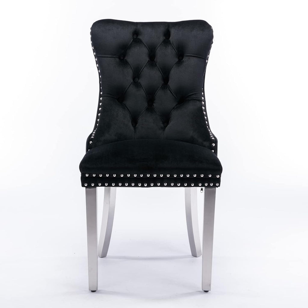 Ball & Cast Contemporary Upholstered Dining Chairs Set of 2, Velvet Button Tufted Kitchen Side-Chairs with Hang Ring & Nailhead Trims & Chrome Solid Wood Legs, 2-Piece Traditional Chair, Chrome+Black