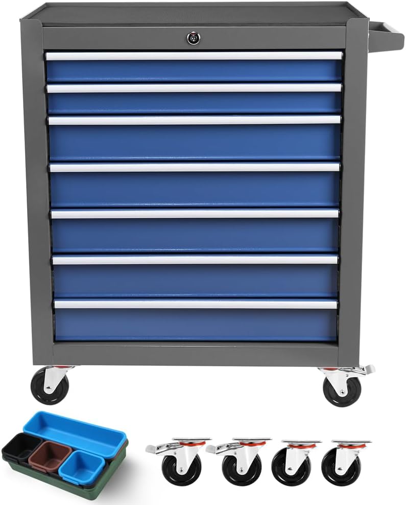 7 Drawer Rolling Tool Cart, Rolling Tool Box on Wheels, Lockable Home Repair Tool Storage Organizer, Tool Chest Cabinet for Mechanic Garage, Workshop, Home Crafts Use (Blue+Grey, 7 Drawer)