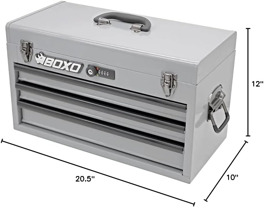 BOXO USA Heavy Duty Toolbox 159 pcs Metric & SAE Locking Tool Set with 3 Drawers Hand Carry Box (Nardo Gray)