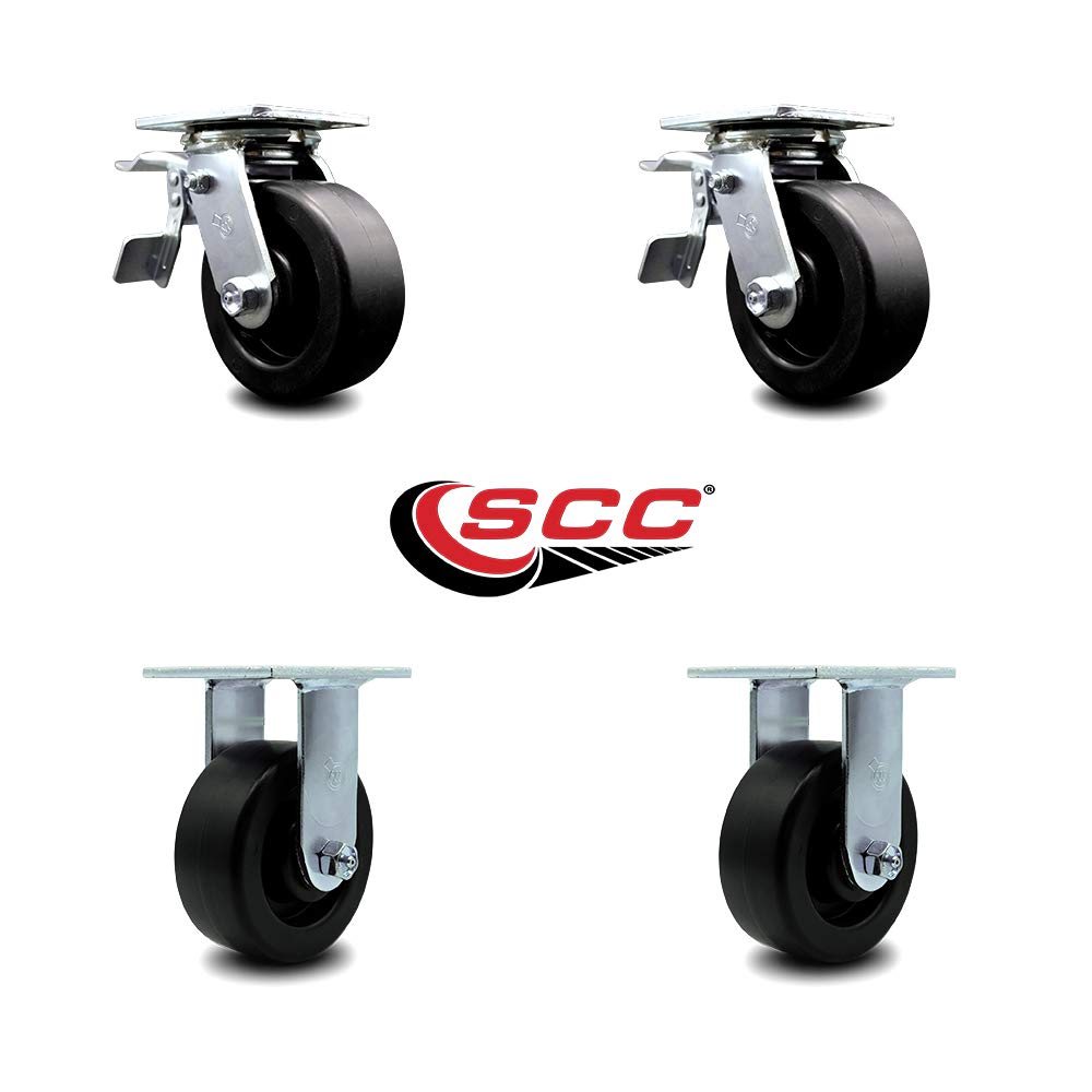 Service Caster Brand Replacement Set for Milwaukee Mobile Workstations and Workbenches Casters-Swivel Top Plate Heavy Duty Casters with 5 Inch Polyolefin Wheels-Includes 2 Swivel with Brakes & 2 Rigid