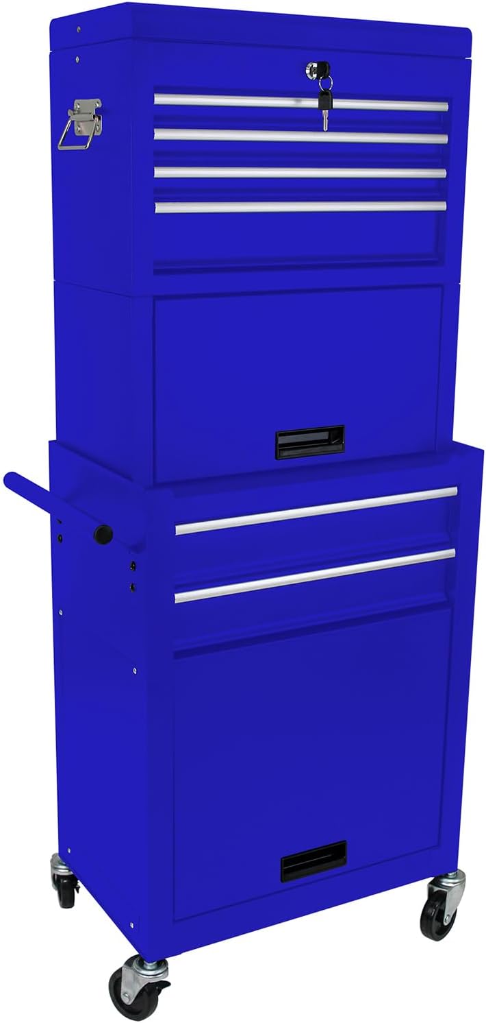 Rolling Tool Chest with 6 Drawers, Lockable Steel Tool Cabinet on Wheels with Detachable Top Box, Garage Workshop Storage Organizer, 2-in-1 Tool Box